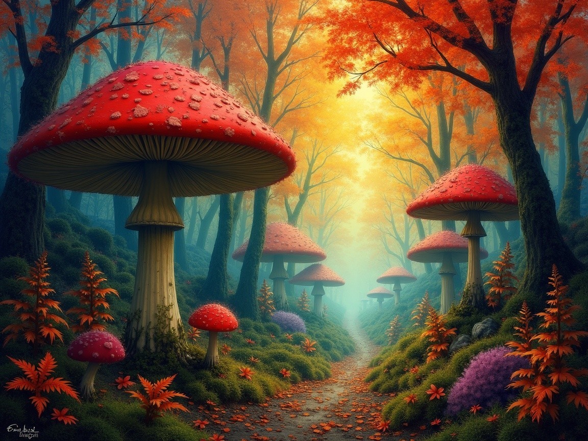 Whimsical Forest Scene with Red Mushrooms and Autumn Leaves
