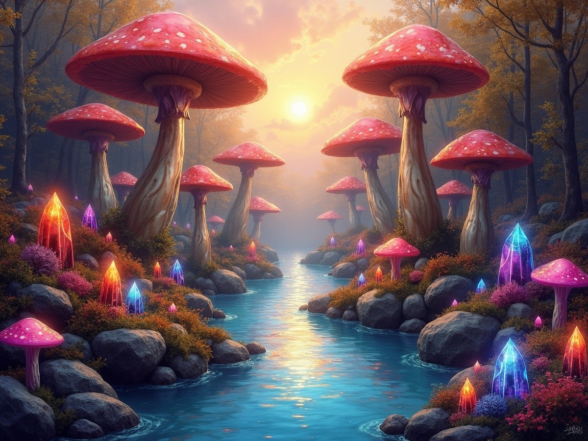 Magical forest with vibrant mushrooms and sparkling river