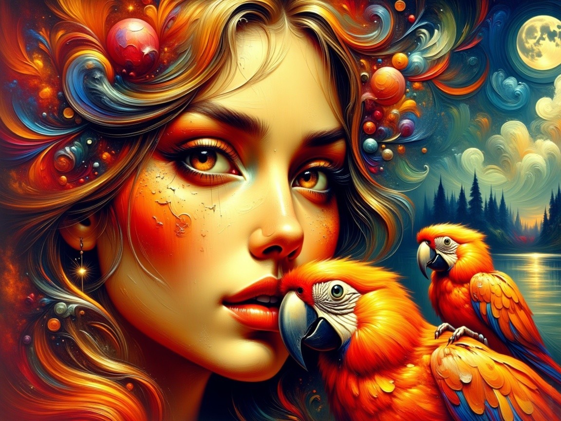 Portrait of a Young Woman with Colorful Hair and Parrots