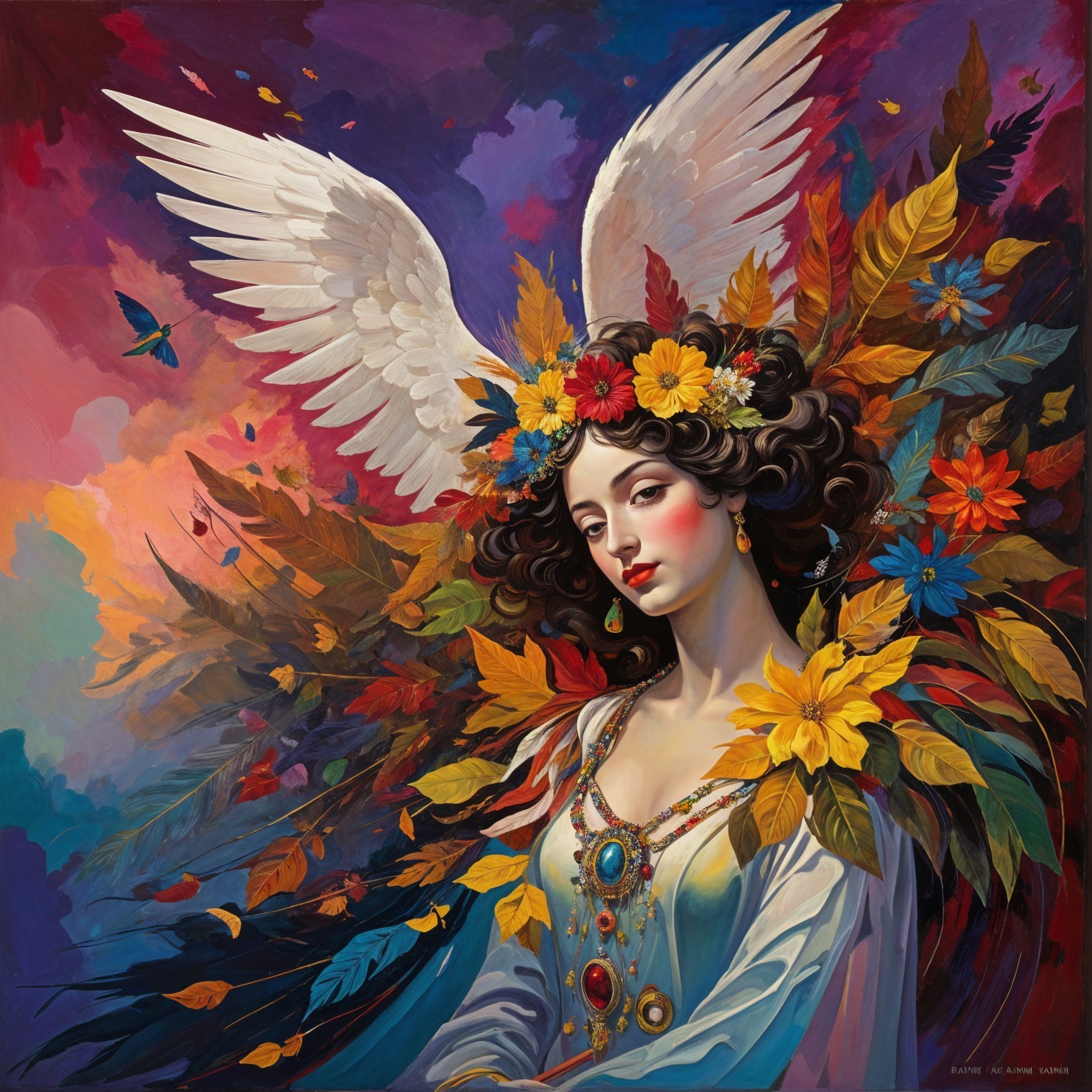 Woman with Autumn Leaves and Angelic Wings