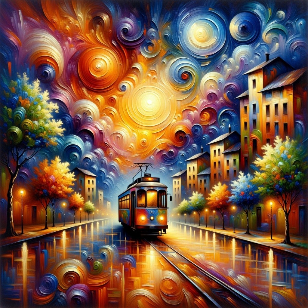 Colorful Tram in Vibrant City Scene at Dusk