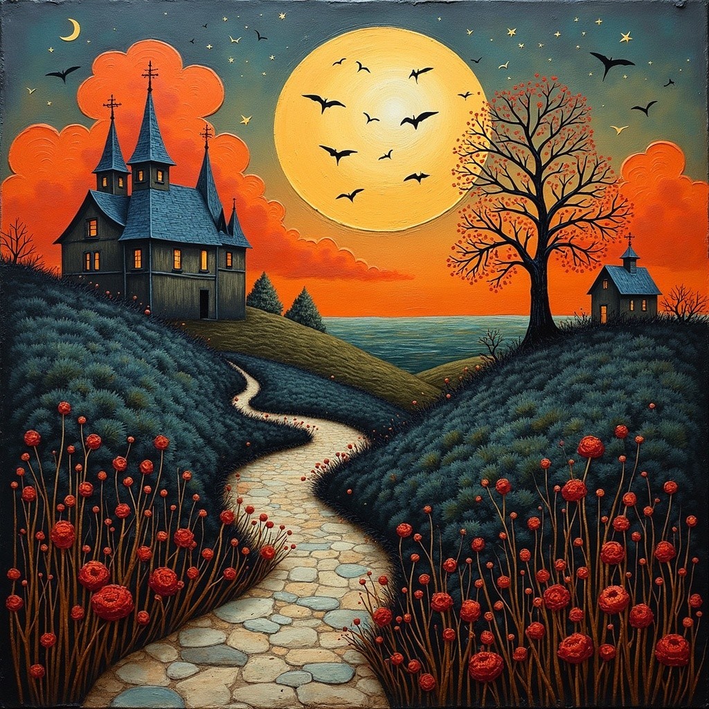 Tranquil Evening Scene with Houses and Vibrant Sunset