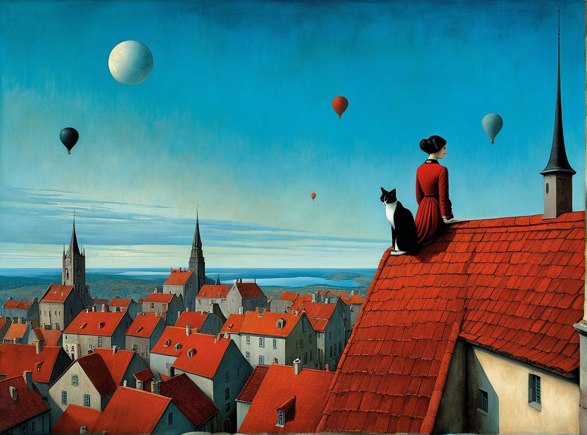 Rooftop Scene with Woman, Cat, and Hot Air Balloons
