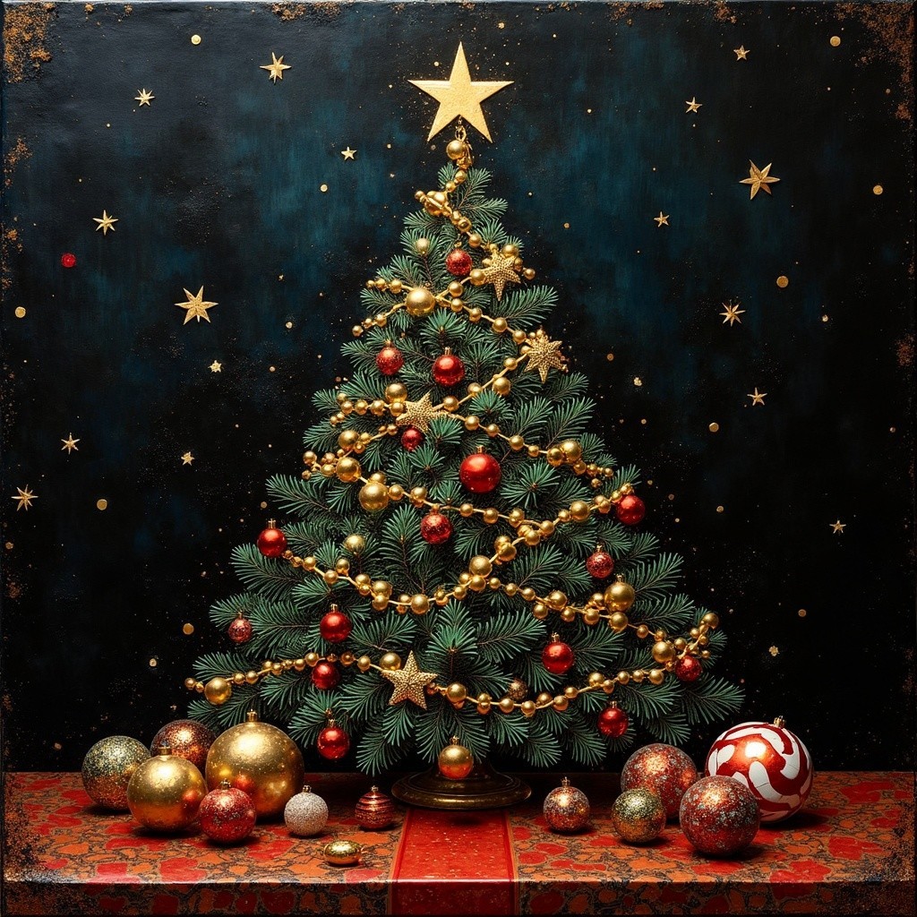 Decorated Christmas Tree with Gifts and Ornaments