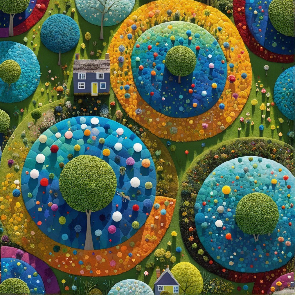 Whimsical Landscape with Colorful Circular Fields