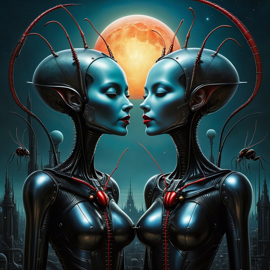 Alien Women with Robotic Bodies Under Orange Moon