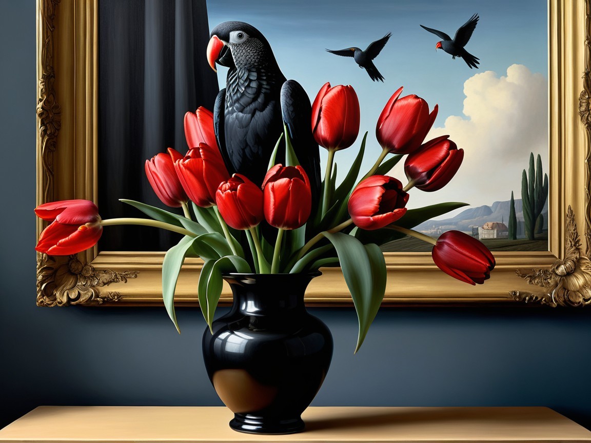 Still-Life with Black Vase, Red Tulips, and Bird