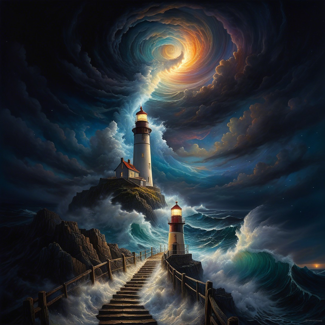 Lighthouses on Rocky Coastline with Dramatic Sky