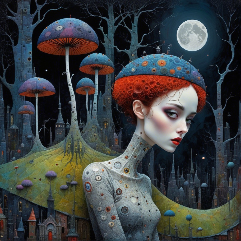 Surreal Landscape with Woman and Colorful Mushrooms