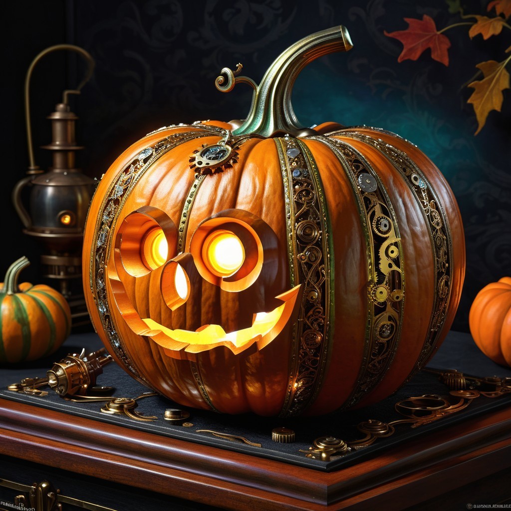 Steampunk-Themed Carved Pumpkin with Gears and Leaves