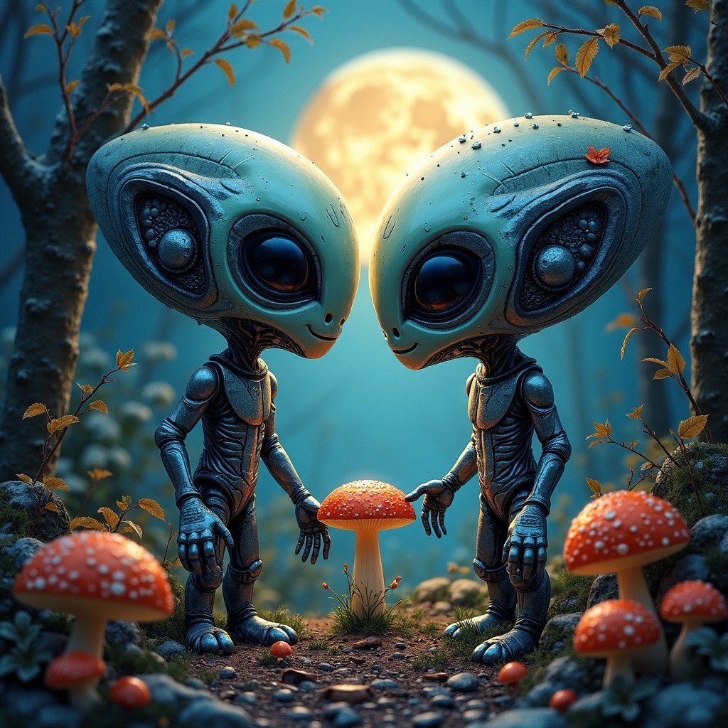 Whimsical Moonlit Forest with Friendly Aliens and Fungi