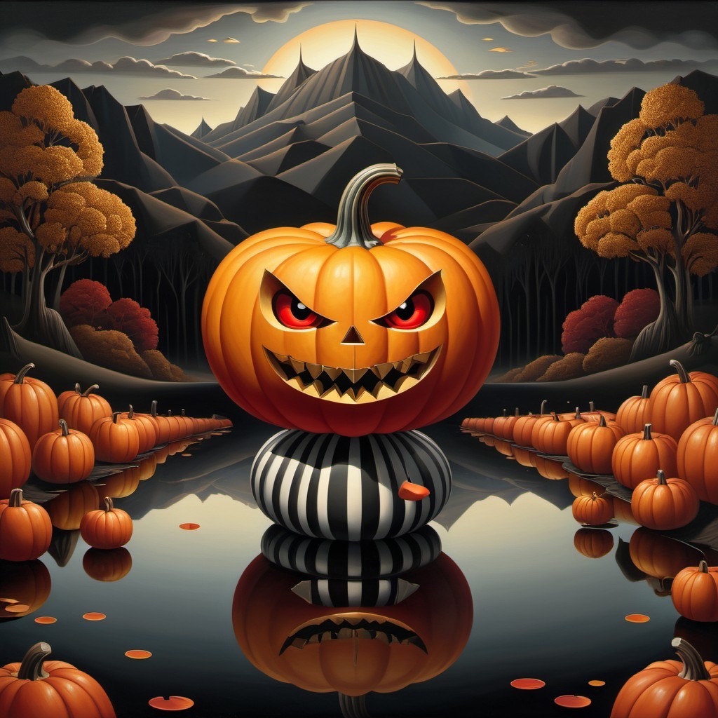 Sinister Pumpkin Overlooks Serene Autumn Lake Scene