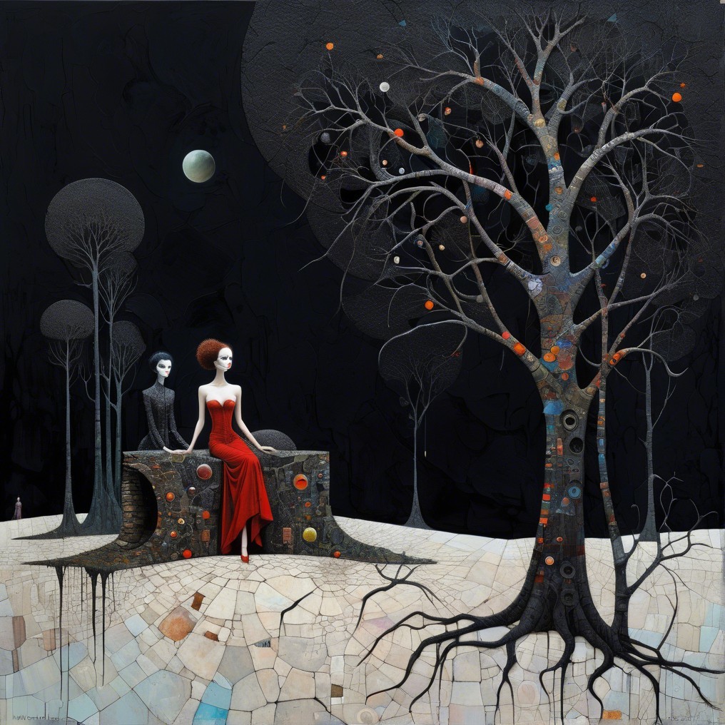 Surreal Landscape with Woman in Red Dress and Moon