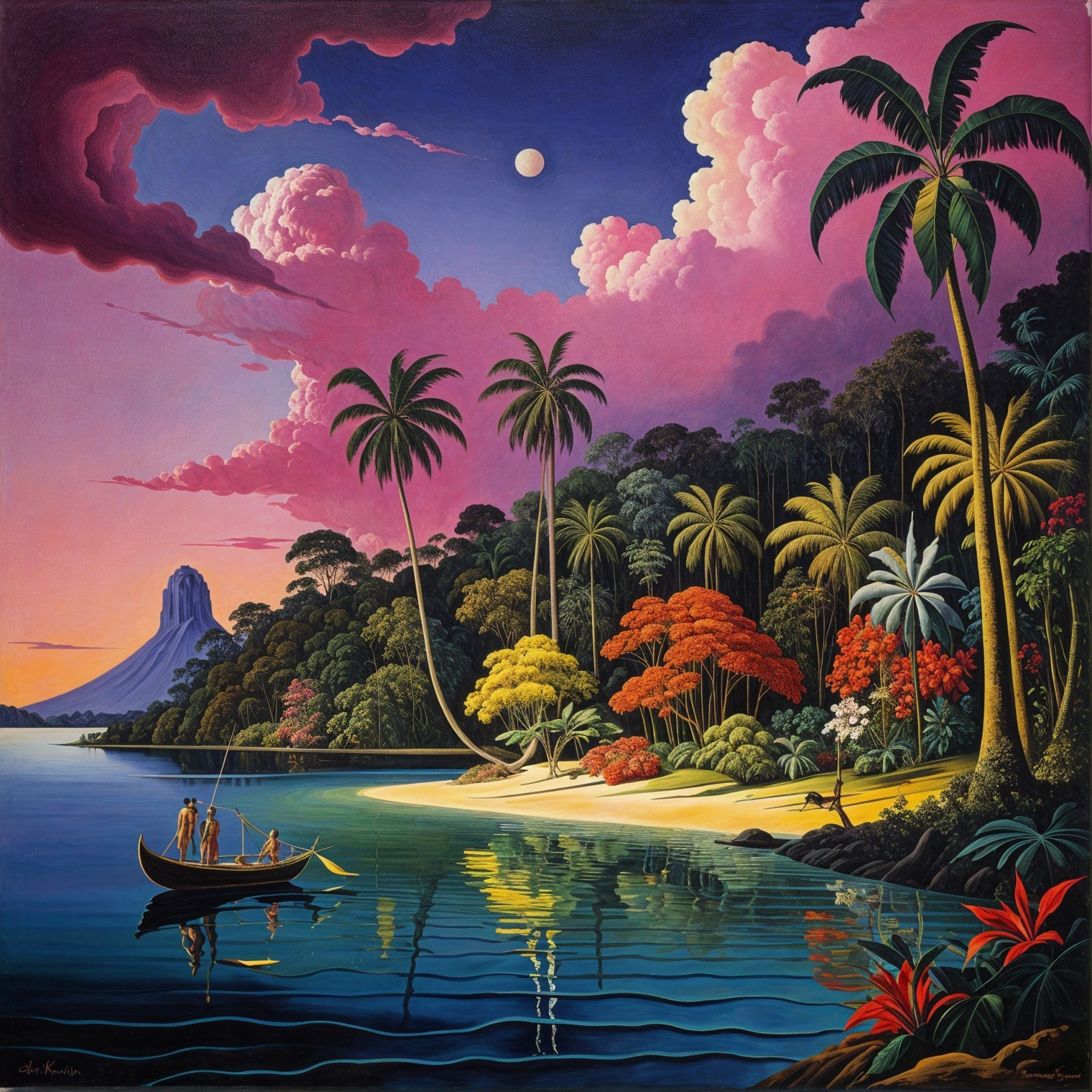 Tropical Bay Scene at Sunset with Fishermen and Nature