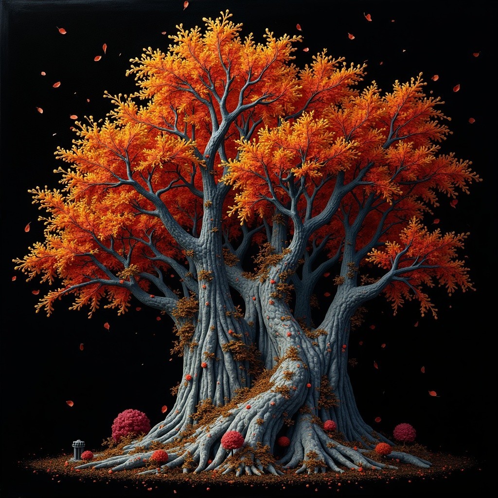 Majestic tree with orange foliage on black background