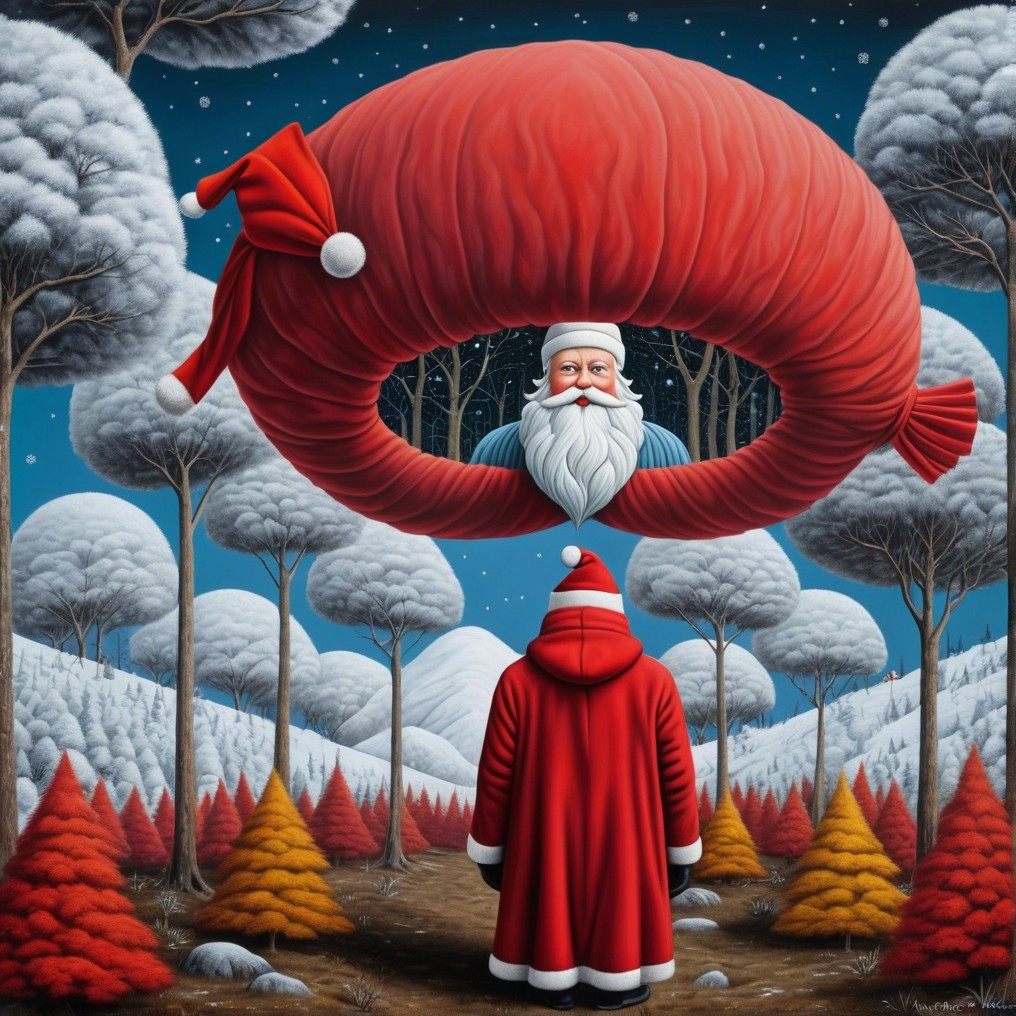 Whimsical Winter Landscape with Santa and Red Cloak Figure