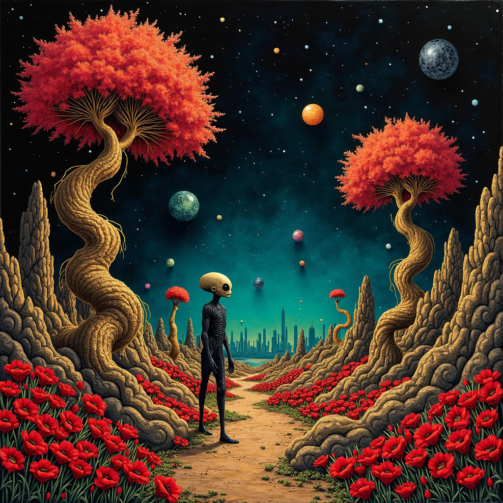 Surreal Landscape with Oversized Figure and Red Flora