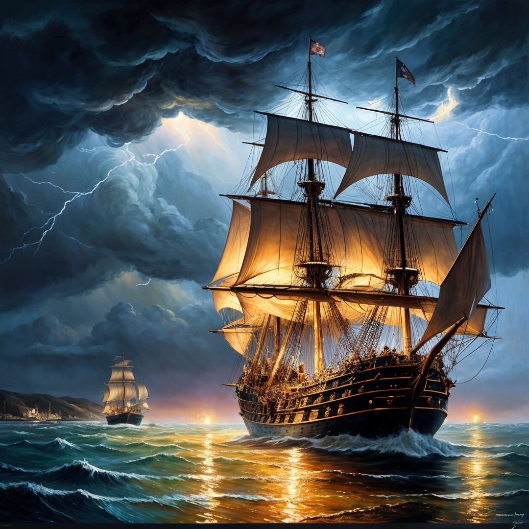 Majestic ship navigating stormy seas with lightning