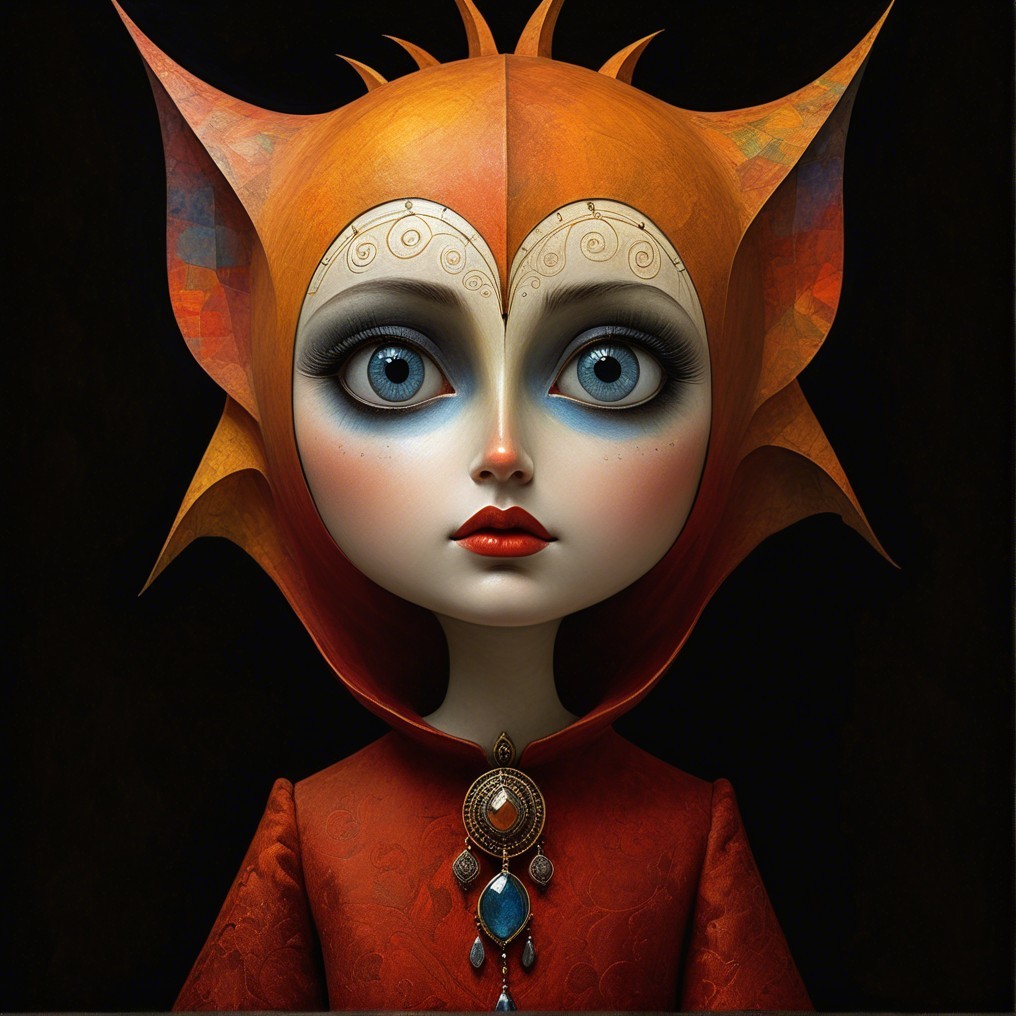 Whimsical Character with Blue Eyes and Orange Headpiece