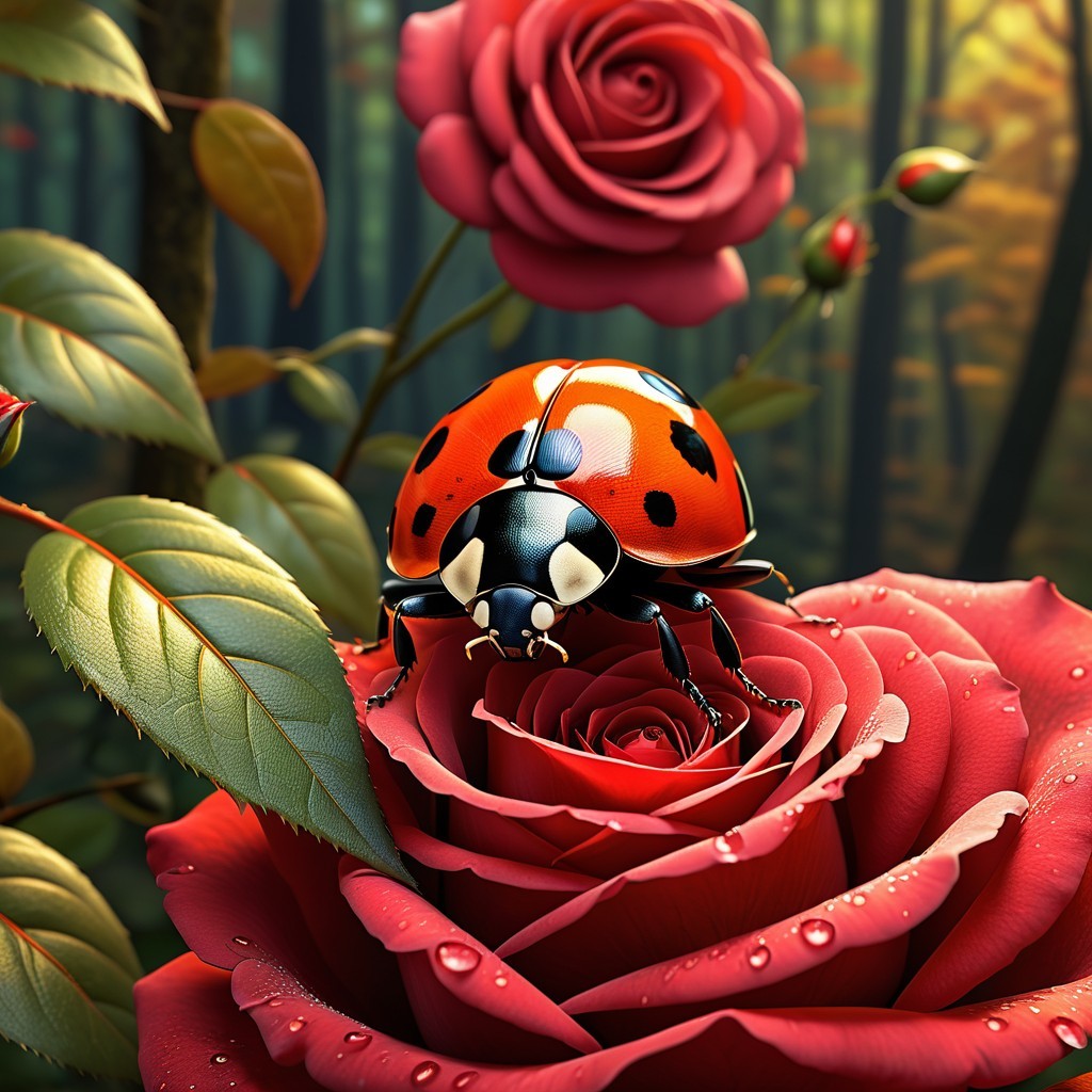 Ladybug on Blooming Rose with Lush Green Leaves
