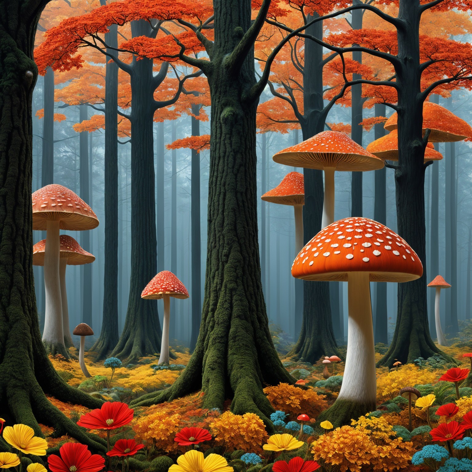 Autumn Forest Scene with Vibrant Foliage and Mushrooms