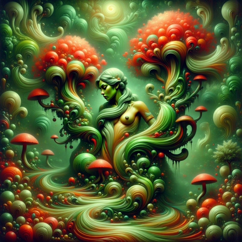 Fantastical Scene with Vibrant Greens and Reds