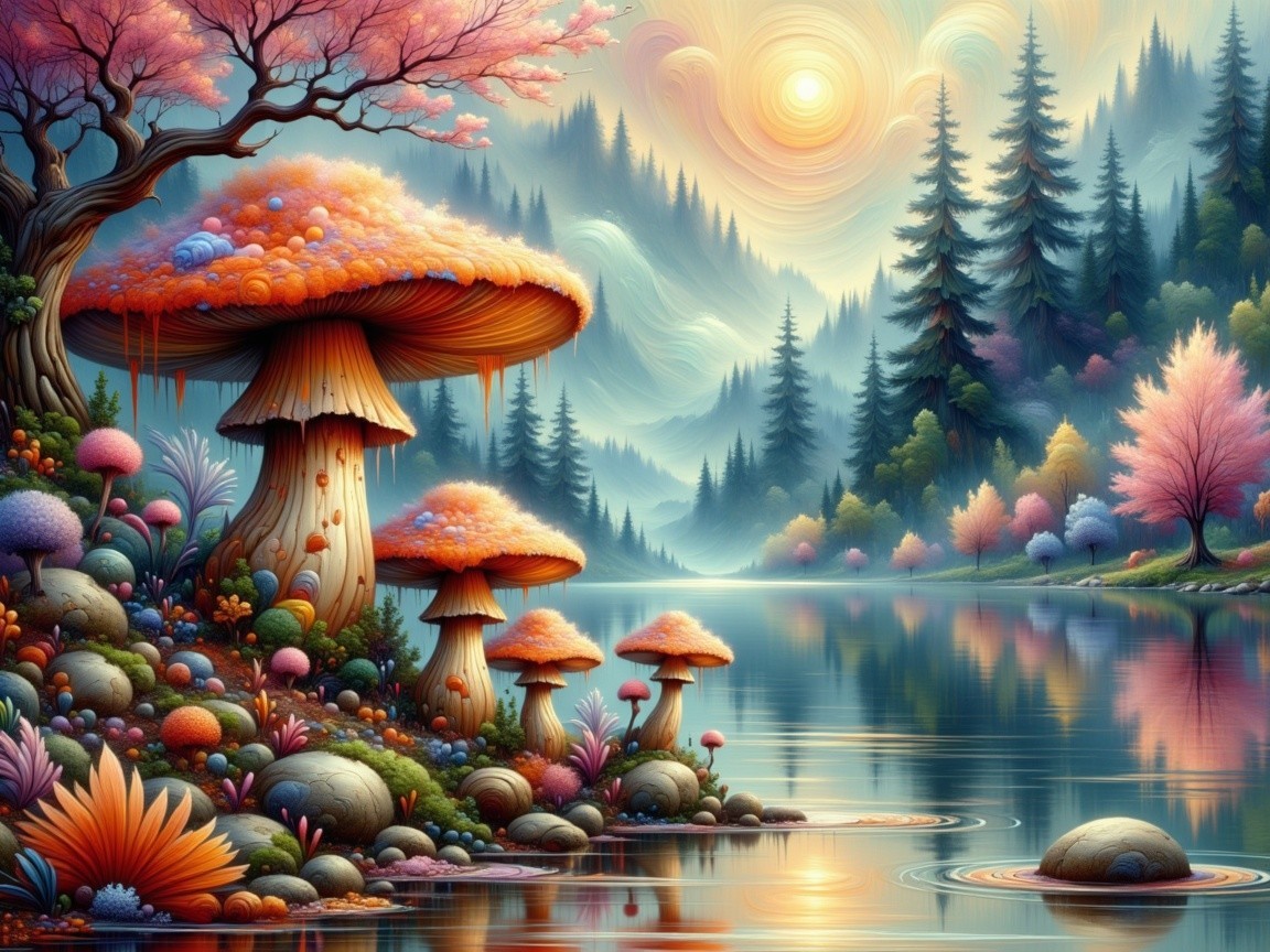 Serene Landscape with Colorful Mushrooms and Lake
