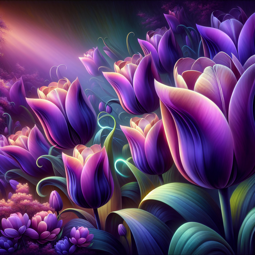 Vibrant Purple Tulips Surrounded by Lush Greenery