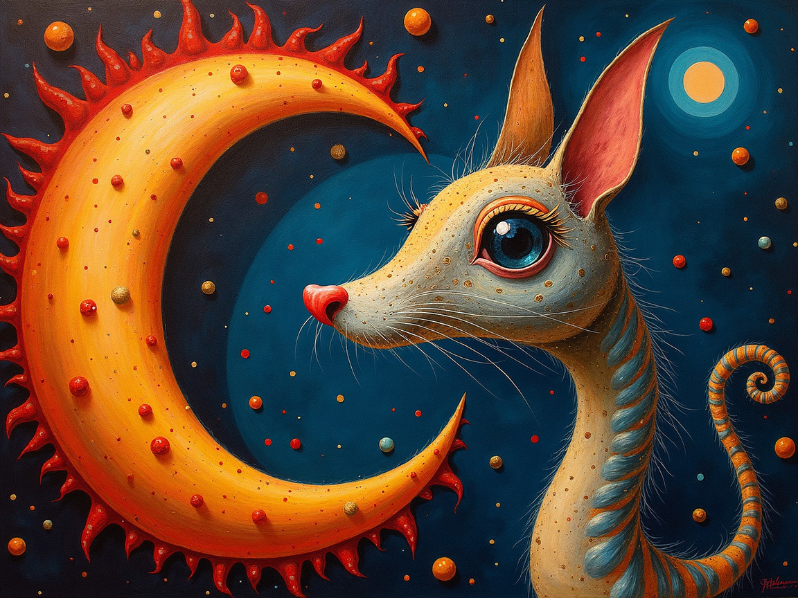 Whimsical Creature Under Golden Sun and Crescent Moon