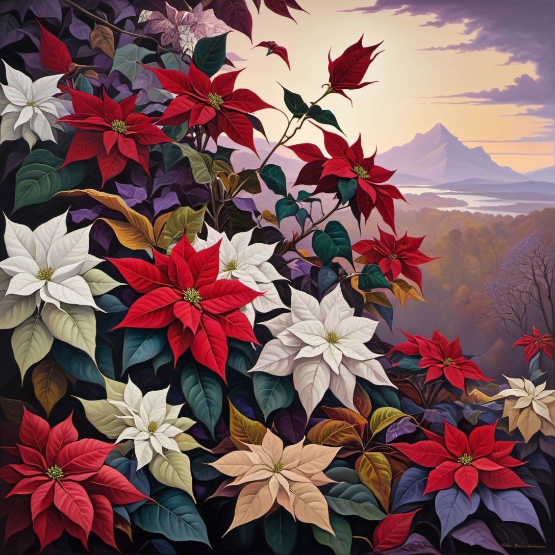 Vibrant Poinsettias with Serene Twilight Landscape