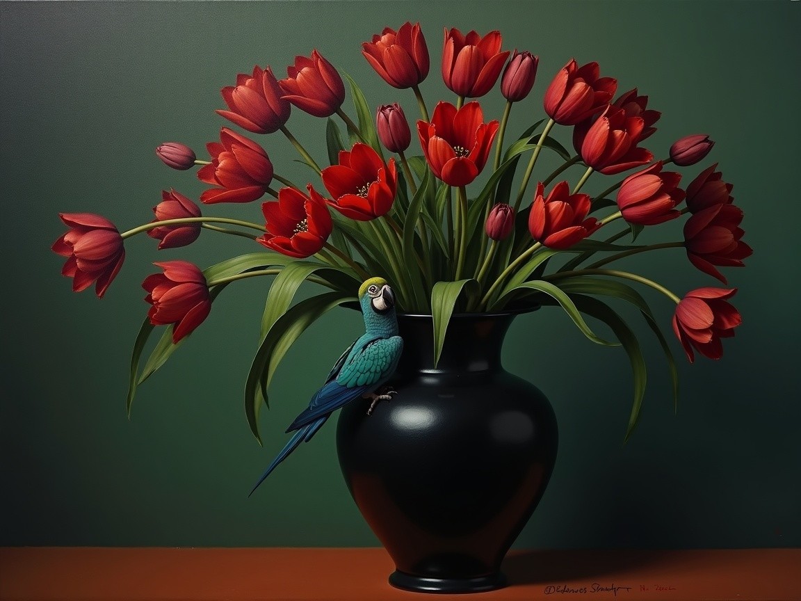 Red Tulips and Parrot in Black Vase with Green Background