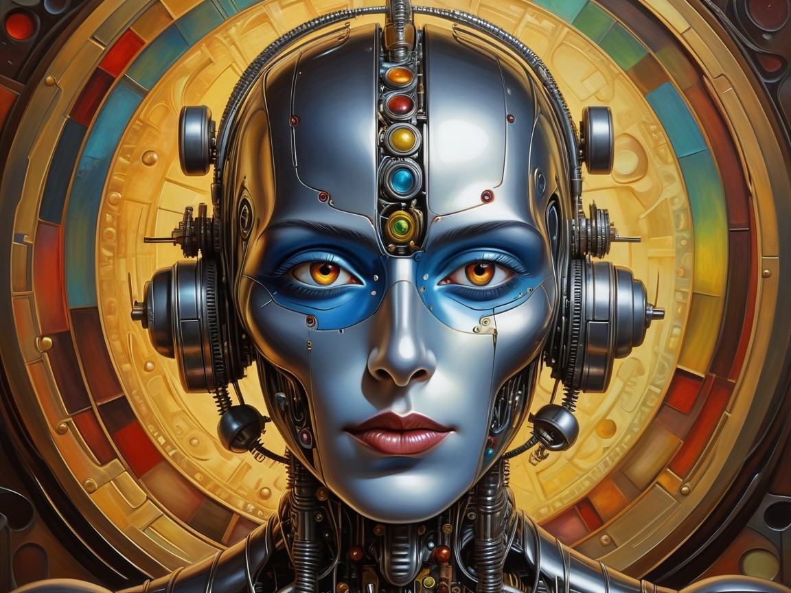 Futuristic humanoid robot with metallic face and gems