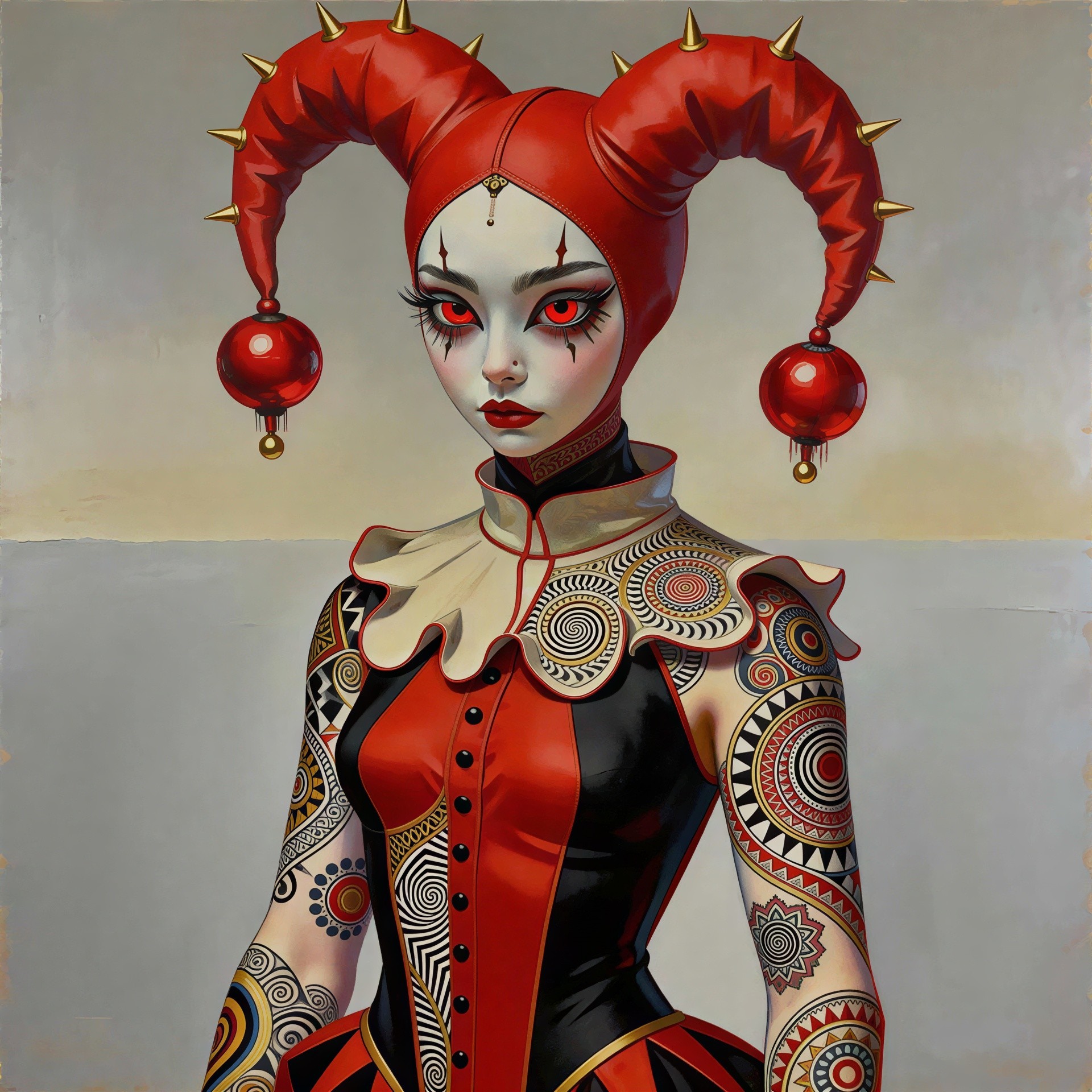 Full-body portrait of a female jester in red and black