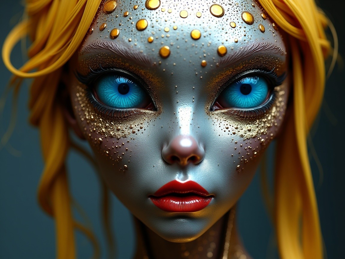 Stylized figure with metallic skin and blue eyes