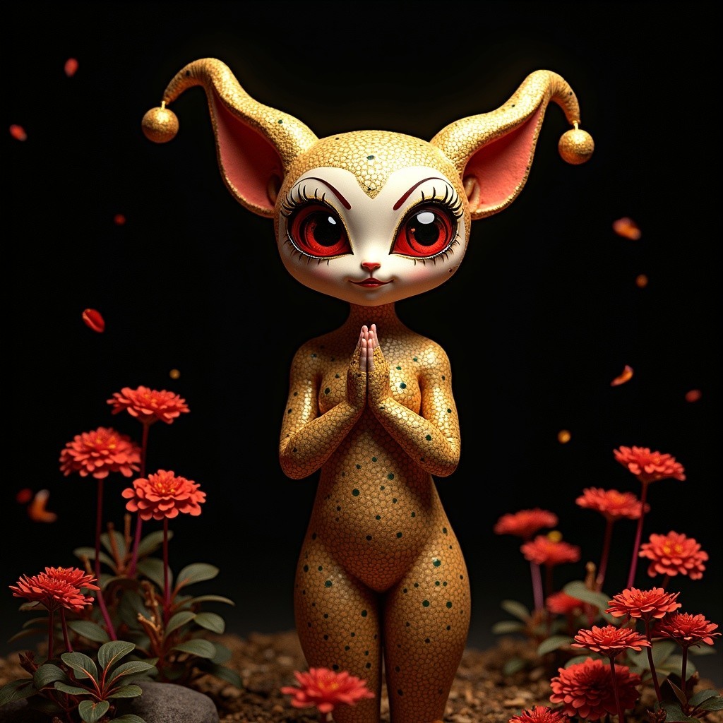 Golden Anthropomorphic Doll Surrounded by Red Flowers