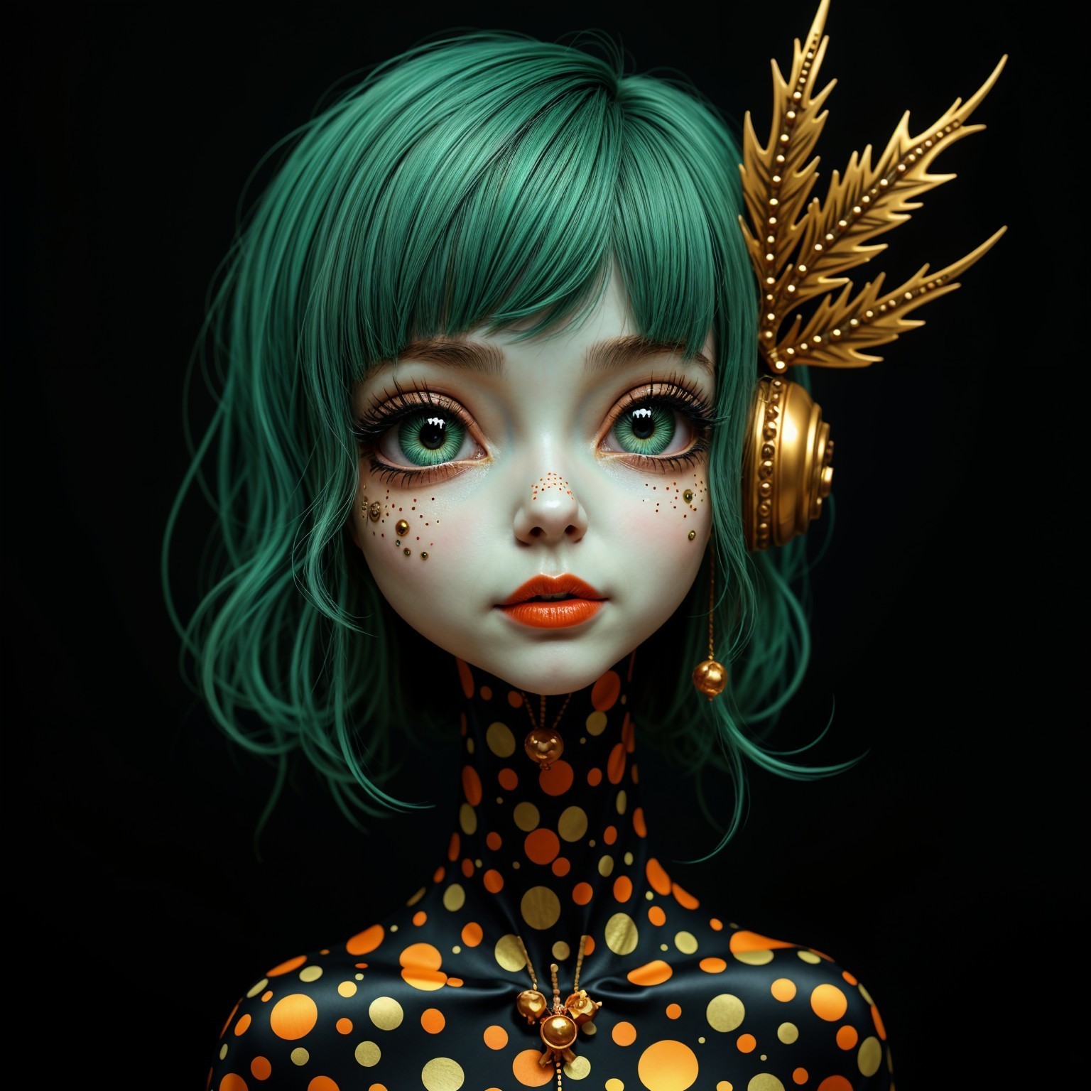 Whimsical Doll with Green Hair and Polka Dot Outfit