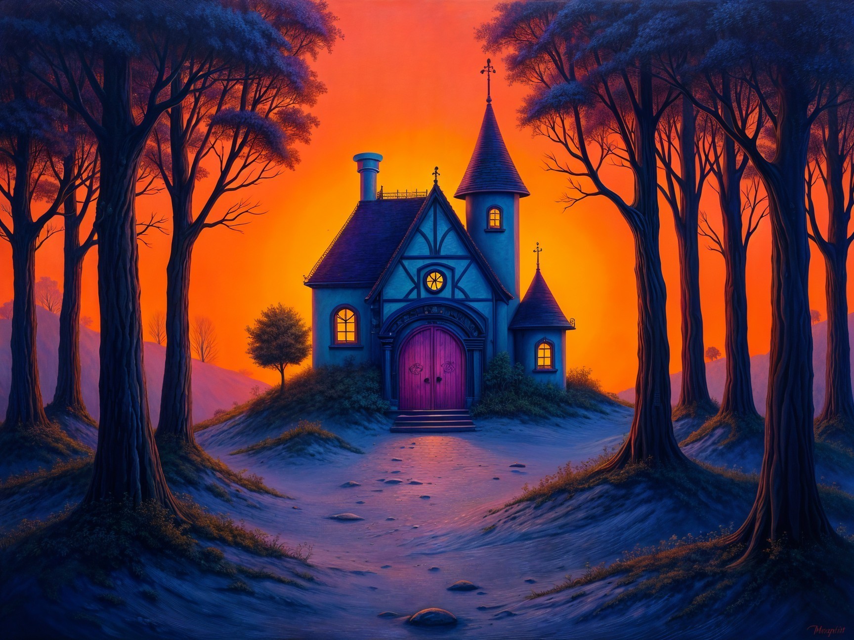 Whimsical cottage with vibrant sunset backdrop