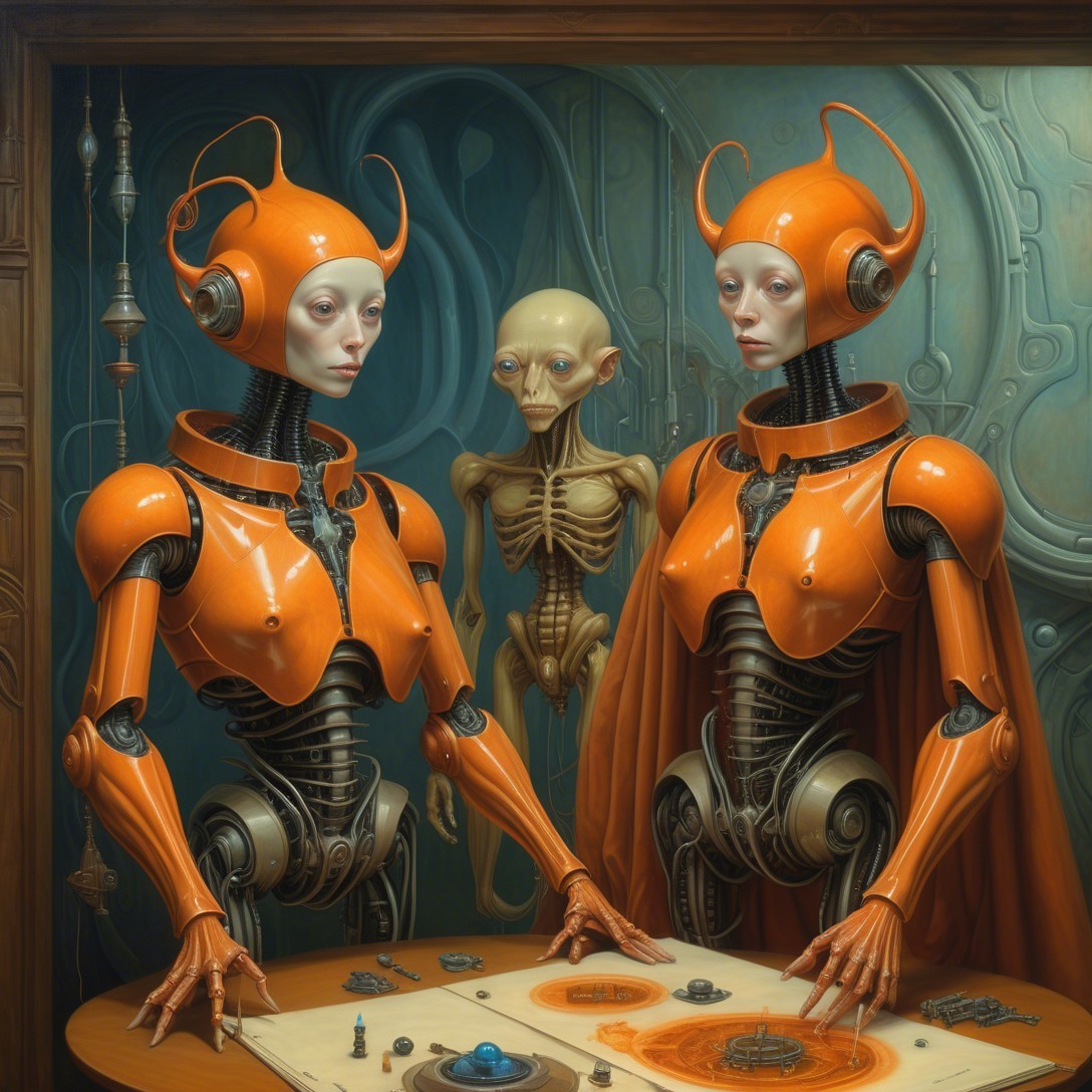 Robotic Figures Analyzing Schematic Diagram at Table