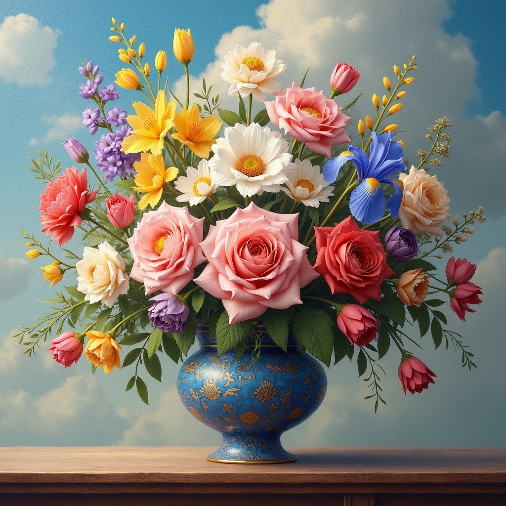 Vibrant Bouquet of Flowers in Ornate Blue Vase