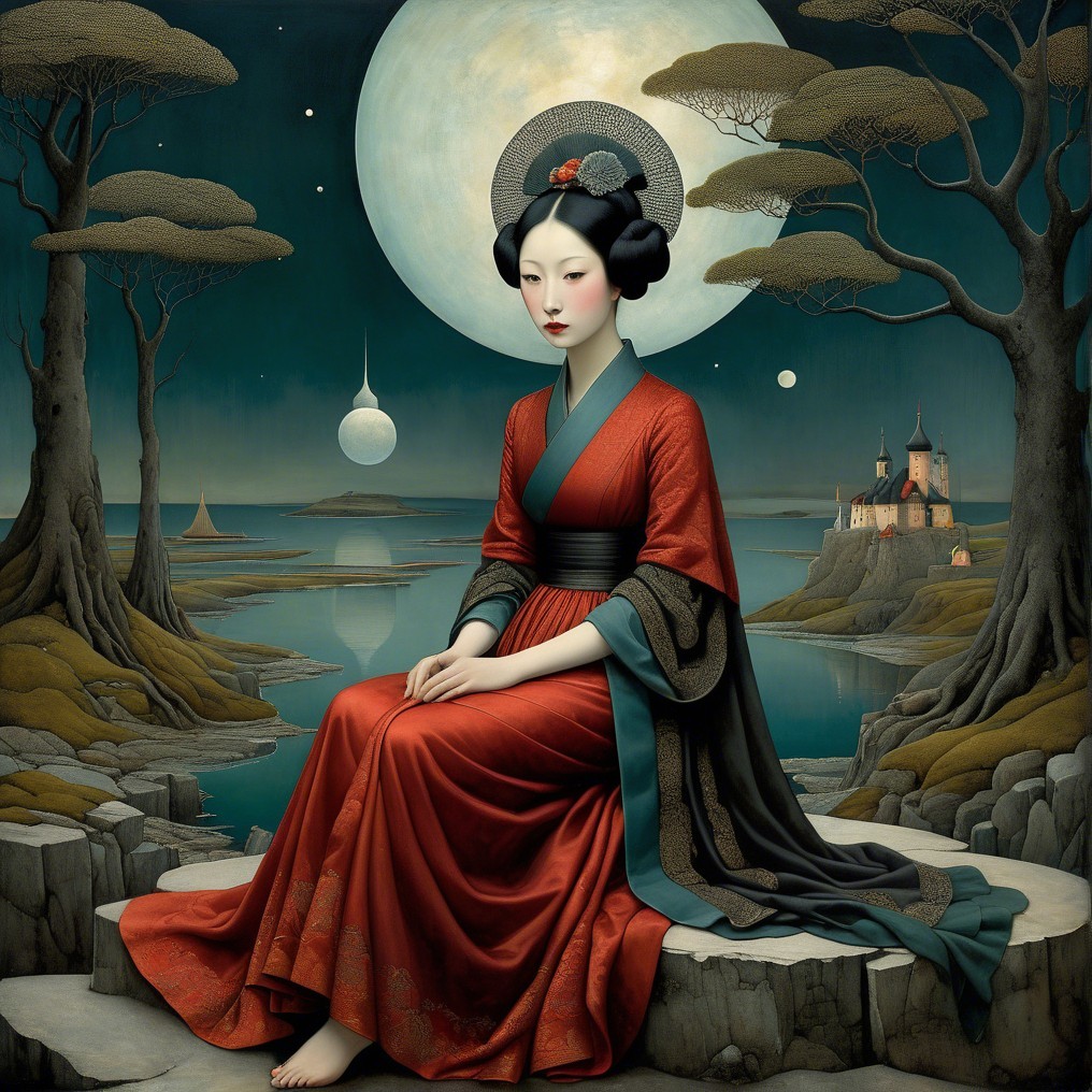 Serene Figure in Red Kimono by Tranquil Lake at Night