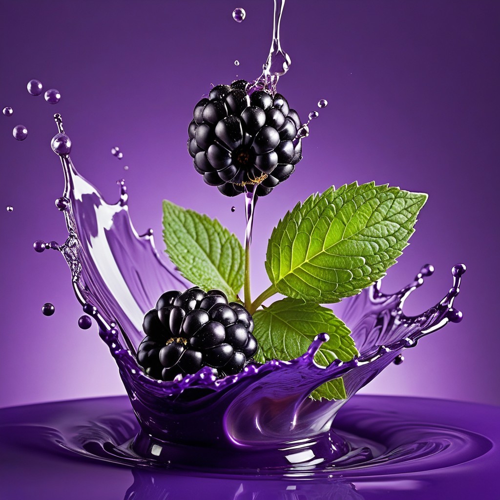 Ripe blackberries splashing into purple liquid backdrop