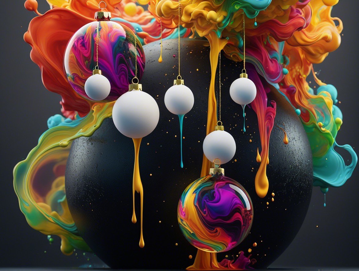 Textured Black Sphere with Colorful Paint Droplets