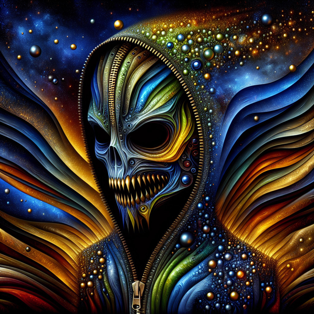 Surreal Figure in Cosmic Landscape with Skull Mask