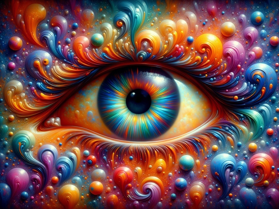 Vivid Eye Surrounded by Colorful Patterns and Orbs