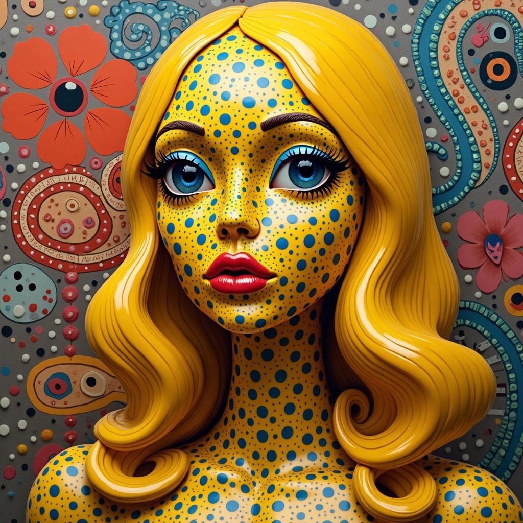 Stylized Mannequin with Yellow Hair and Floral Background