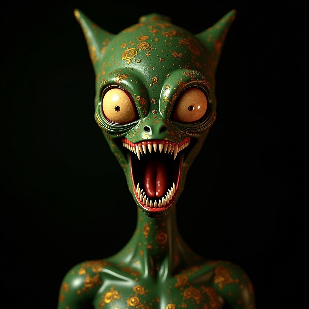 Whimsical Alien Creature with Green Skin and Gold Patterns