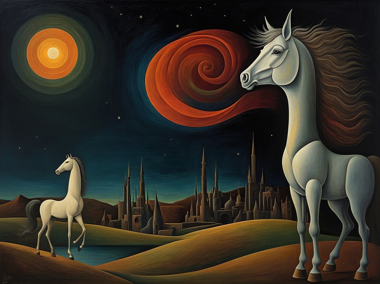 Surreal Painting of White Horses in Night Landscape
