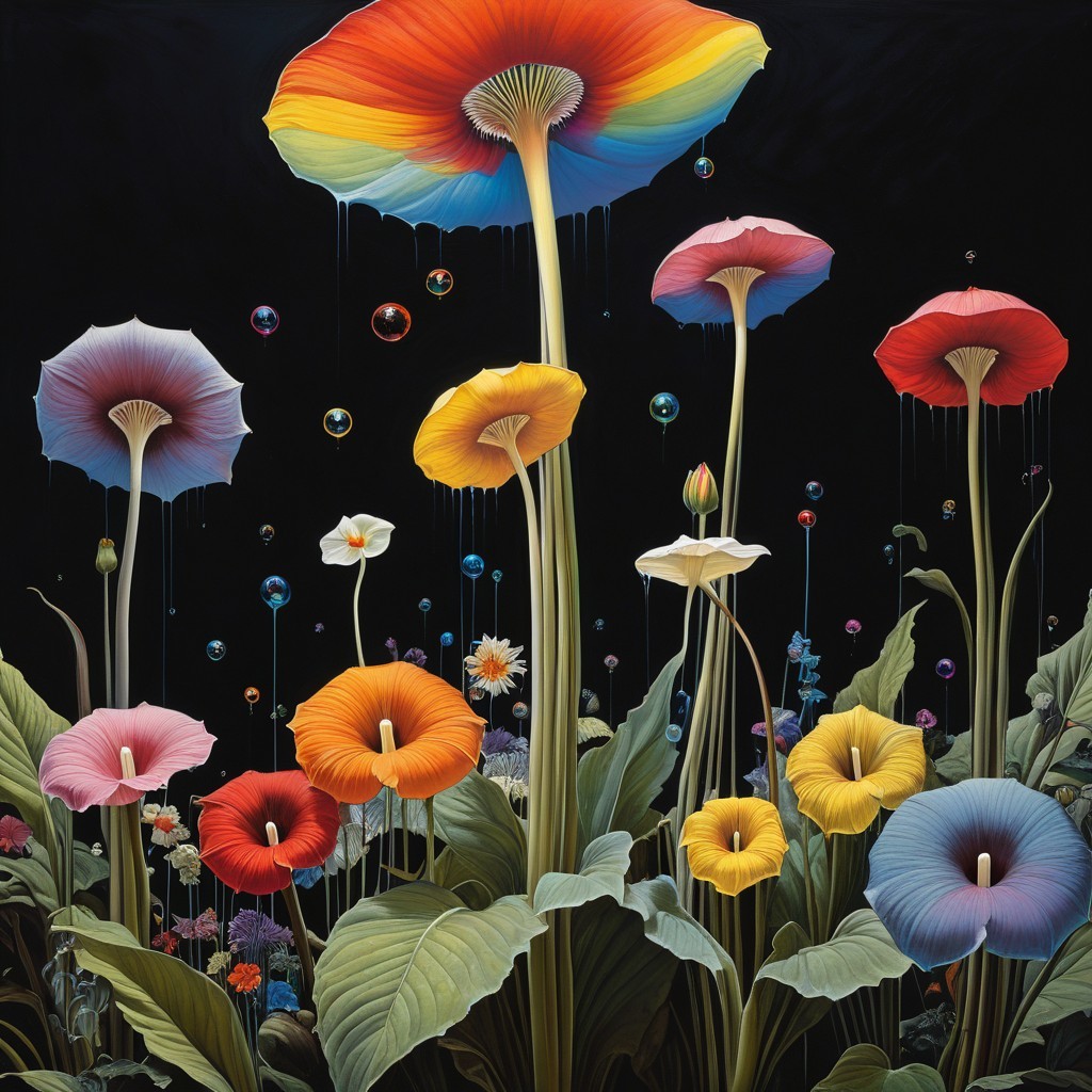 Vibrant Fantasy Garden with Colorful Mushrooms and Flora