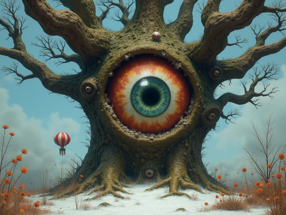 Surreal landscape with giant tree and vivid eye