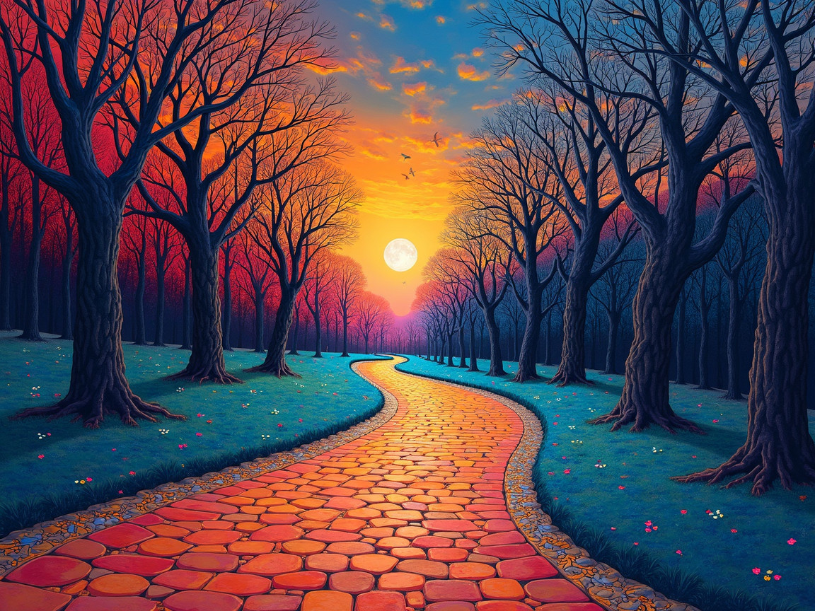 Twilight Scene with Cobblestone Path and Moon